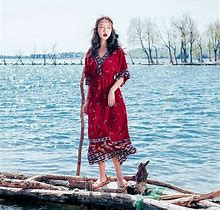 Lady Long Dress Boho Maxi Ethnic Style V Neck High Slit Thin Beach