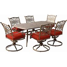 Hanover Traditions 7-Piece Outdoor Dining Set In Red/Cast With 6 Swivel Rockers 38X72" Cast Table At ABT