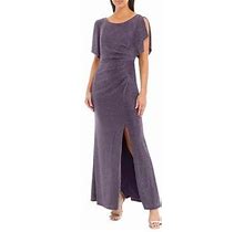 Women's Alex Evenings Long Flutter Sleeve Metallic Knit Dress, Dark Plum Size 18