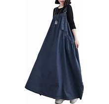 EXPOING Denim Jumper Dress For Women Loose Version Baggy Style Maxi Length Adjustable Straps Wide Hemline