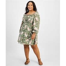 And Now This Trendy Plus Size Square-Neck Smocked Dress - Crushed Oregano Floral - Size 3X