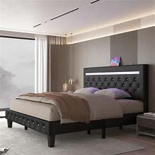 Benevika Queen Size Bed Frame With LED Lights, Upholstered Platform Bed Frame, Adjustable Headboard With Charging Station, Wooden Slats Support,
