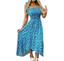 Summer Women's Sexy Boho Maxi Dresses Spaghetti Strap Tie Shoulder Party Sundress Smocked Beach Long Maxi Dress