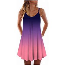 Yuehao Dresses For Women Womens Gradient Tie-Dye Print Sleeveless Dress V Neck A-Line Maxi Mini Sundress (Pink L)