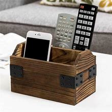 2-Slot Dark Brown Burnt Solid Wood Remote Control Holder Caddy W/ Wrap Accents