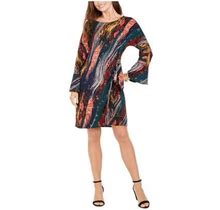 Robbie BEE Womens Navy Printed Bell Sleeve Jewel Neck Above The Knee Shift Dress Petites PS