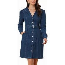 Women's Denim Shirt Dress Long Sleeve Button Down 2023 Lapel Collared Jean Dresses With Belt Pockets, Size: XS, Brt Blue