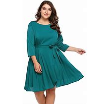 IN'voland Women Plus Size Chiffon Dress Long Sleeve Solid Color Belted Cocktail Swing Dress Green
