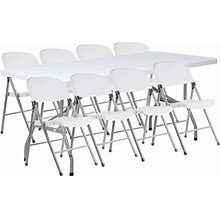 Lancaster Table & Seating 30" X 72" Granite White Heavy-Duty Blow Molded Plastic Folding Table With 8 White Folding Chairs