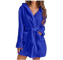 Pajamas For Women Comfy Women Soft Solid Color Long Sleeve V-Neck Winter Sashes Pokets Fleece Velvet Sleepwear Dress Nightgowns (Clearance-Sale,Blue,M