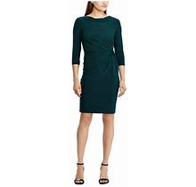 Lauren Ralph Lauren Womens Green Long Sleeve Jewel Neck Below The Knee Evening Sheath Dress Petites 10P