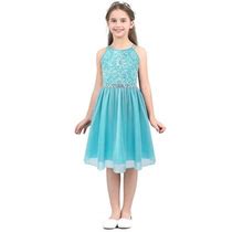 Iefiel Kids Girls High-Waist Sequined Floral Lace Dress For Birthday Party Mint Green 10