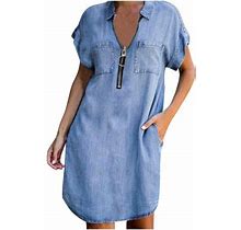 Summer Denim Dress For Womens Fashion Zipper V-Neck Short Dress Casual Sexy Short Sleeve Loose Shift Jean Dress