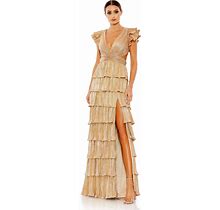 Ieena For Mac Duggal Ruffle Tiered Criss Cross Lace Up Gown In Gold, Size 0