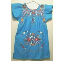 Traditional Mexican Dress Handmade Embroidered Dress Above Knee Blue