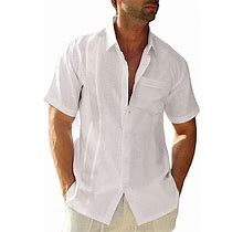 Mens Linen Cotton Button Down Short Sleeve Shirt Cuban Camp Guayabera Beach Tops