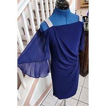 Msk Blue Crysyal Embellished Strap Ruched Chiffon Cape Evening Dress