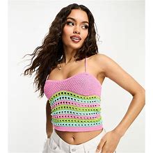 ASOS DESIGN Petite Crochet Cami Top In Pink Stripe-Multi - Multi (Size: 0)