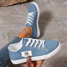Solid Color Canvas Round Toe Skate Shoes, Women's Casual Lace Up Low Top Lightweight Trainer Sneakers,Blue,All-New,Temu