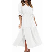 Ovbmpzd Women's Half Sleeve V-Neck Loose Solid Ankle Dress Split Swing Maxi Dress White S