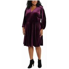 London Times Womens Purple Stretch Balloon Sleeve V Neck Knee Length Evening Fit + Flare Dress Plus 2X