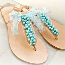 Greek Leather Sandals- Wedding Sandals-Leather Sandals Decorated With Teal Pearls And Lace Bow -Turquoise Women Flats- Bridesmaid Sandals