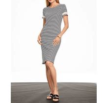 Talbots Plus White/Black Striped Cotton Lace Trim Shift Dress Petite
