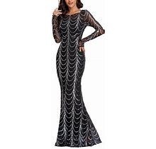Women Long Sleeve Prom Dress Sequin Crew Neck Shiny Satin Slim Fit Formal Evening Dress For Ladies Elegant Casual Clothes M