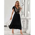 Women's Floral Embroidery Ruffle Edge Dress Spring Dress,L