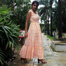 Women Orange Soft Cotton Dress Block Print Maxi Sundress, Plus Size, Made To Order, Custom Made