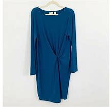 Chicos Knit Front Gathered Dress Size Medium Blue Long Sleeves Stretch