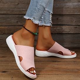 Solid Color Open Toe Platform Sandals, Women's Knitted Slip On Soft Casual Summer Sandals Featured Product,Temu