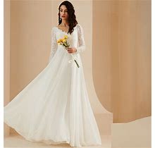 JJ's House Long Wedding Dress Bridal Dress White Long Sleeves V-Neck A-Line 2024