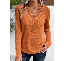 Modlily Terracotta Lace Long Sleeve Round Neck T Shirt - M