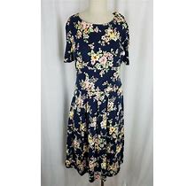 Vintage Talbots Petites Floral Pleated Jersey Knit Dress Womens PS Navy Blue