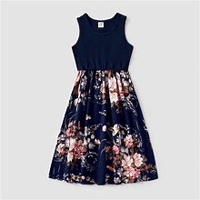 Patpat Blue Family Matching Sleeveless Floral Print Spliced Midi Dresses And Short-Sleeve Striped T-Shirts Sets Girl: Size 6-7 Years