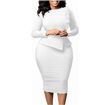 Iroinnid Sales Formal Dress For Women Wedding Guest Evening Party Formal Dress Long Sleeved Solid Color Round Neck Commuting To Work Dress,White
