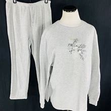 Vtg 90S Blair Floral Branches Embroidered Design Gray Sweatsuit Sweatshirt Sz XL