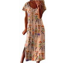 Shift Dress For Womens Short Sleeve Boat Neck Maxi Dresses Ethnic Style Vintage Printed Sundress Side Split Sleep Dress