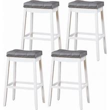 ERGOMASTER Set Of 4 Cambridge Bar Stools, 29 Inch Counter Stools, Solid Wood Legs Espresso With Gray PU Cushion For Kitchen Living Room And Bar (Set