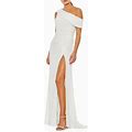 New Mac Duggal Ieena White Jersey Asymmetric Gown Maxi Dress One Sleeve Size 14