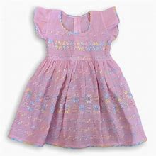 Girls Pink Floral Embroidered Flutter Sleeve Short Sleeve Dress | Color: Pink | Size: 18-24Mb