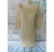 Tibi Ecru Ivory Ruffle Merino Wool 3/4 Sleeve Shift Sweater Dress -