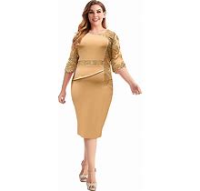 Kaxidy Women's Dresses Plus Size Embroidery Dresses Cocktail Wedding Midi A Line Dress Yellow XXL