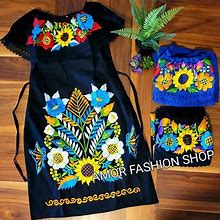 Ethnic Floral Casual OFF Shoulder Dress Sunflower Butterfly Embroider | Vestido Artesanal Mexicano Campecina Bordado Girasoles Y Mariposa