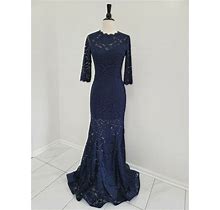 Betsy & Adam Formal Evening 3/4 Sleeve Navy Lace Floral Maxi Mermaid Dress ,S.4