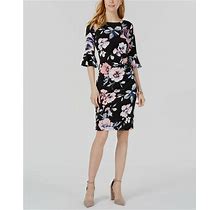 $298 Connected Apparel Women's Black Floral Printed Bell-Sleeve Dress Size 8P