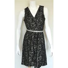 Ny Collection Women Silver Black Lace Sleeveless Belted Coketail Dress