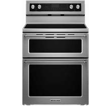 Kitchenaid 30-In Glass Top 5 Burners 4.2-Cu Ft / 2.5-Cu Ft Self-Cleaning Freestanding Double Oven Electric Range (Stainless Steel) | KFED500ESS