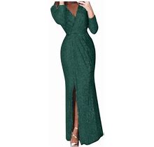 Gvdentm Womens Dresses Women's Long Sleeve Bodycon Midi Dress Casual V Neck Twist Front Waist Slit Dress Ribbed Knit Party Fall Dress Green,M